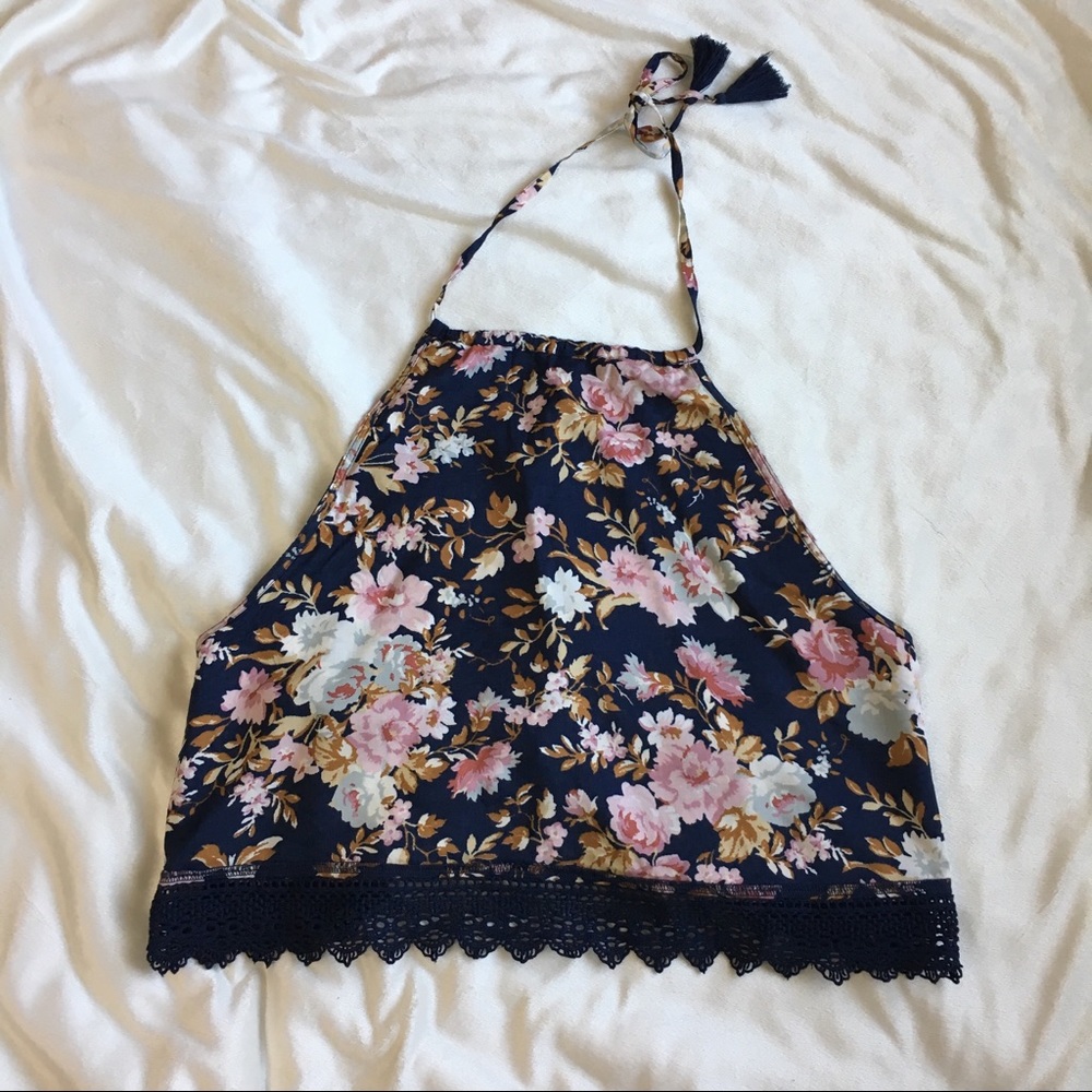 Navy Blue Floral Tie Back Halter Top